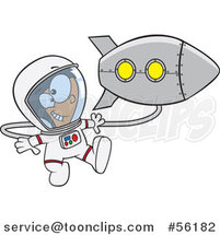 Cartoon Excited White Astronaut Boy Floating by a Rocket in Outer Space by Toonaday