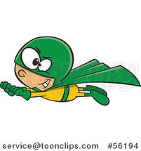 Cartoon White Super Hero Boy in Flight, in a Yellow and Green Suit by Toonaday