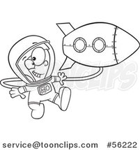 Cartoon Outline Excited Astronaut Boy Floating by a Rocket in Outer Space by Toonaday