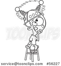 Cartoon Outline Boy Sitting on a Stool with a Thinking Cap on by Toonaday