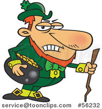 Cartoon Grouchy Leprechaun Holding a Pot of Gold and a Stick by Toonaday