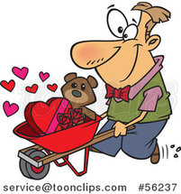 Cartoon White Guy Pushing a Valentines Day Teddy Bear Roses and Candy in a Wheelbarrow by Toonaday