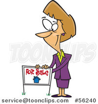 Cartoon Pleasant Blond White Female Realtor Listing a House for Sale with a Sign by Toonaday