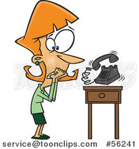 Cartoon Red Haired White Lady with Phonephobia, Shaking by a Ringing Telephone by Toonaday
