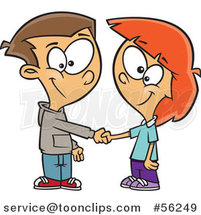 Cartoon White Boy and Girl Shaking Hands on a Deal or Friendship by Toonaday