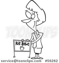 Outline Cartoon Pleasant Female Realtor Listing a House for Sale with a Sign by Toonaday