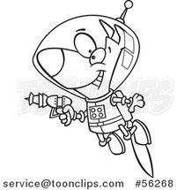 Outline Cartoon Space Dog Flying with a Jet Pack and Holding a Ray Gun by Toonaday