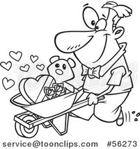 Outline Cartoon Guy Pushing a Valentines Day Teddy Bear Roses and Candy in a Wheelbarrow by Toonaday