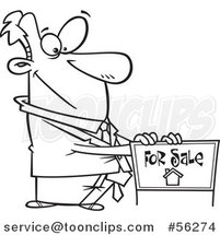 Outline Cartoon Pleasant Real Estate Agent Listing a Home for Sale with a Sign by Toonaday