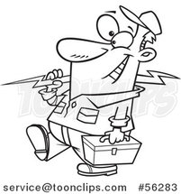 Outline Cartoon Electrician Walking with a Bolt and Tool Box by Toonaday