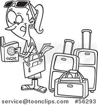 Cartoon Outline Excited Traveling Lady Reading a Guide by Luggage by Toonaday