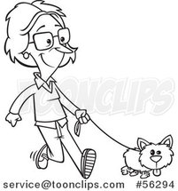 Cartoon Outline Lady Happily Walking Her Little Dog by Toonaday