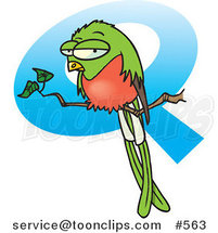 Cartoon Grouchy Bird Perched in Front of a Letter Q by Toonaday