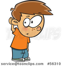 Cartoon Brunette White Boy Covering His Ear and Listening by Toonaday