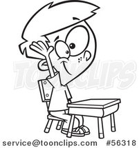 Cartoon Outline School Boy Raising His Hand at a Desk by Toonaday