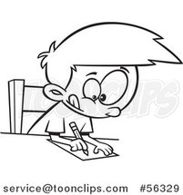 Cartoon Outline Focused Boy Writing at a Desk by Toonaday