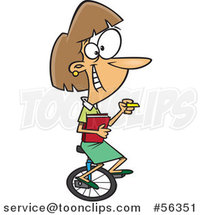 Cartoon Brunette White Female Teacher Riding a Unicycle, Holding Books and Chalk by Toonaday
