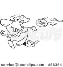 Cartoon Outline Tax Evasion Bomb Flying Behind a Running Guy by Toonaday