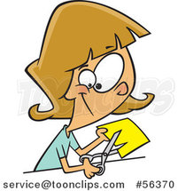 Cartoon Dirty Blond White Girl or Lady Cutting a Piece of Yellow Paper by Toonaday