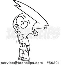 Cartoon Outline Boy Touching His Face and Thinking by Toonaday