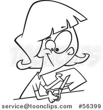 Cartoon Outline Girl or Lady Cutting a Piece of Paper by Toonaday