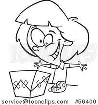 Cartoon Outline Excited Girl Wrapping a Gift by Toonaday