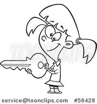 Outline Cartoon Girl Holding a Big Key by Toonaday