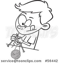 Cartoon Outline Boy Knitting with a Ball of Yarn and Needles by Toonaday
