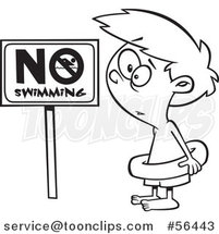 Cartoon Outline Boy Wearing an Inner Tube by a No Swimming Sign by Toonaday