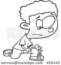 Cartoon Outline Distressed African Boy with a Knot in His Shoe Laces by Toonaday