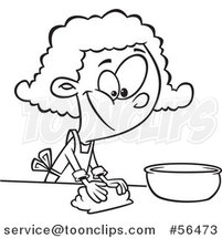 Cartoon Outline Black Girl Kneading Dough and Baking by Toonaday