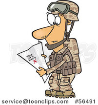 Cartoon White Army Soldier Reading a Map with X You Are Here by Toonaday