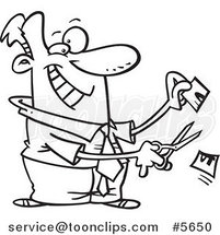 Cartoon Black and White Line Drawing of a Business Man Cutting His Price in Half by Toonaday
