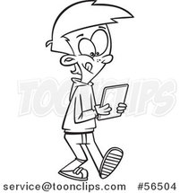Cartoon Outline Boy Walking and Using a Tablet Computer by Toonaday
