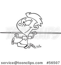 Cartoon Outline Boy Running and Preparing to Throw a Javelin by Toonaday
