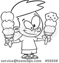 Cartoon Outline Boy Holding Two Waffle Ice Cream Cones by Toonaday