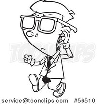 Cartoon Outline Security Boy Walking and Adjusting an Ear Piece by Toonaday