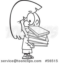 Cartoon Outline Girl Holding a Stack of Books by Toonaday