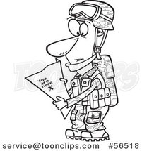 Cartoon Outline Army Soldier Reading a Map with X You Are Here by Toonaday