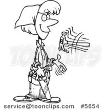 Cartoon Black and White Line Drawing of a Female Carpenter Holding a Saw and Tossing a Hammer by Toonaday