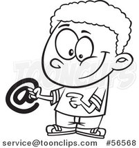 Cartoon Outline Black Boy Holding an Email Arobase at Symbol by Toonaday
