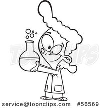 Cartoon Outline Scientist Girl Holding up a Bubbly Flask by Toonaday