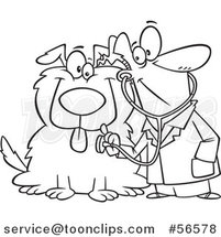 Cartoon Outline Veterinarian Using a Stethoscope on a Big Dog by Toonaday