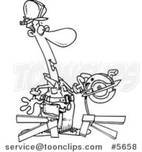 Cartoon Black and White Line Drawing of a Repair Guy Using a Circular Saw by Toonaday