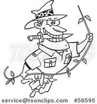 Cartoon Outline Adventurer Explorer Swinging on a Vine, Biting a Knife in His Teeth by Toonaday