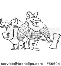 Cartoon Outline Paul Bunyan Lumberjack Holding an Axe by Babe the Blue Ox by Toonaday