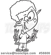 Cartoon Outline Black School Boy Armed with Pencils by Toonaday