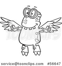 Cartoon Outline Monster Wearing Goggles and Flying with Strapped Wings by Toonaday