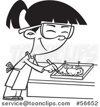 Cartoon Outline Asian School Girl Dissecting a Frog in Class by Toonaday