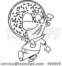 Cartoon Outline Worker Guy Carrying a Giant Sprinkle Donut by Toonaday